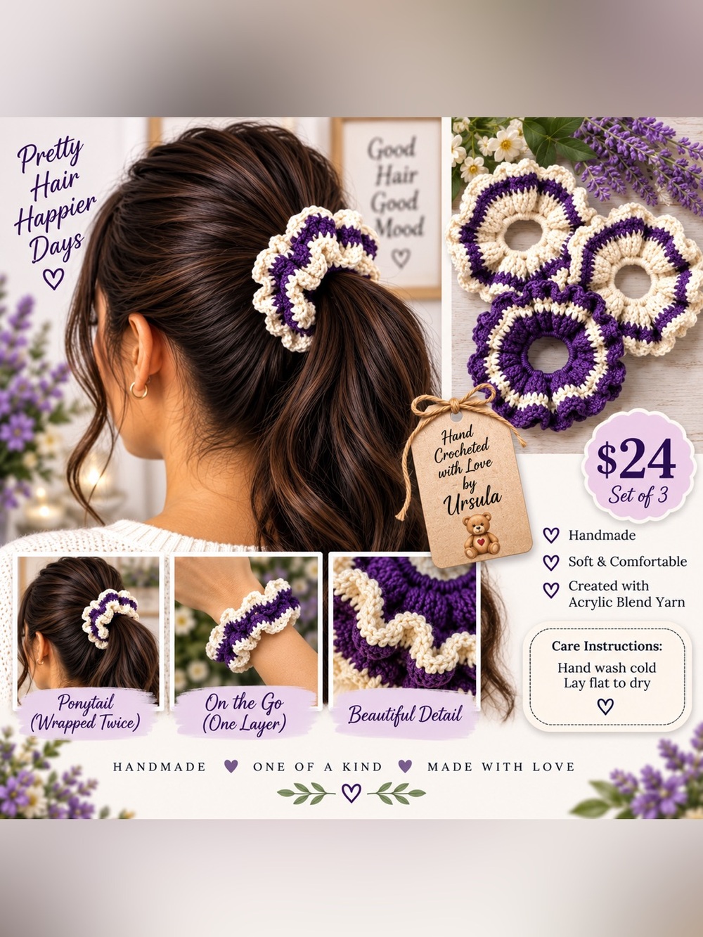 Hand Crafted Purple and Cream Crochet Hair Ties